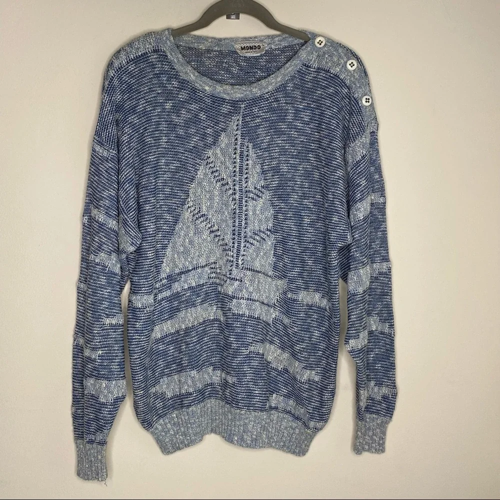 Vintage Mondo Sweater Hidden Sailboat Blue White - Picture 3 of 7